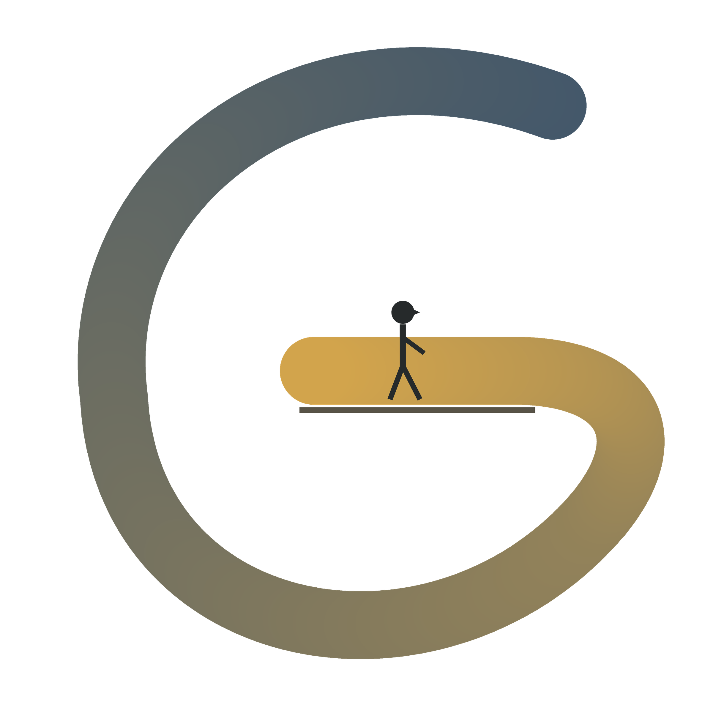 A capital G shaped as a curved journey that ends on stable ground, where a person faces forward