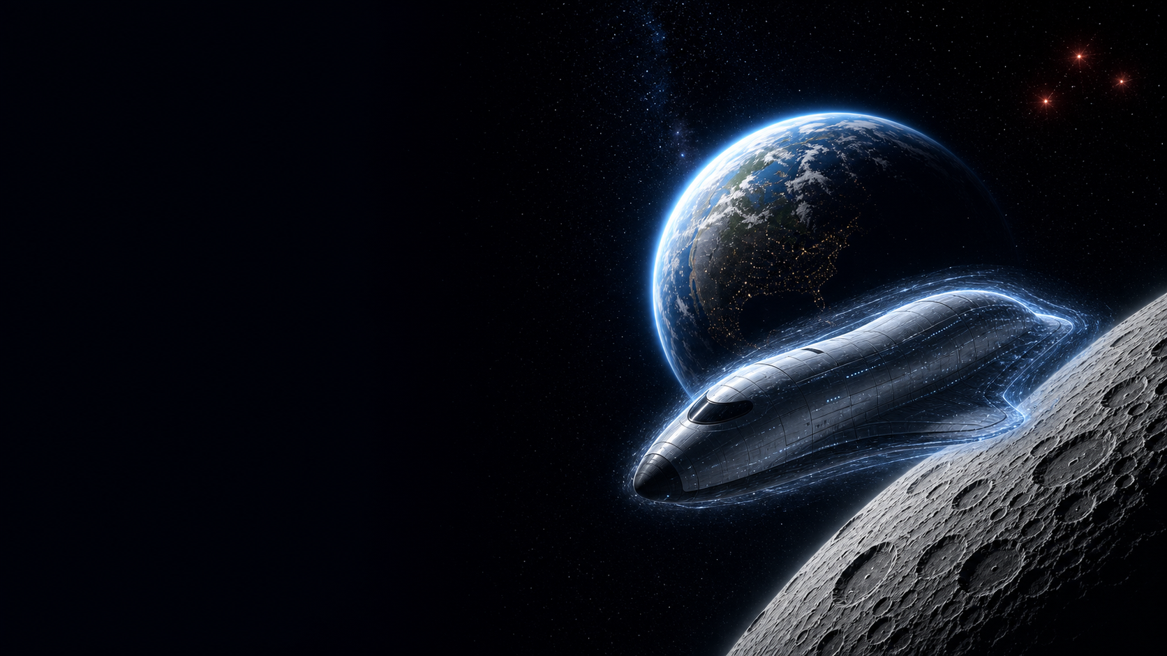 A starship emerging from behind the Moon with Earth illuminated beyond it